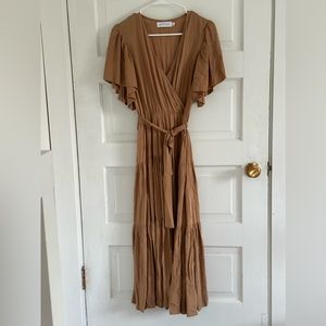 Neutral Brown Tiered Maxi Wrap Dress with Waist Tie